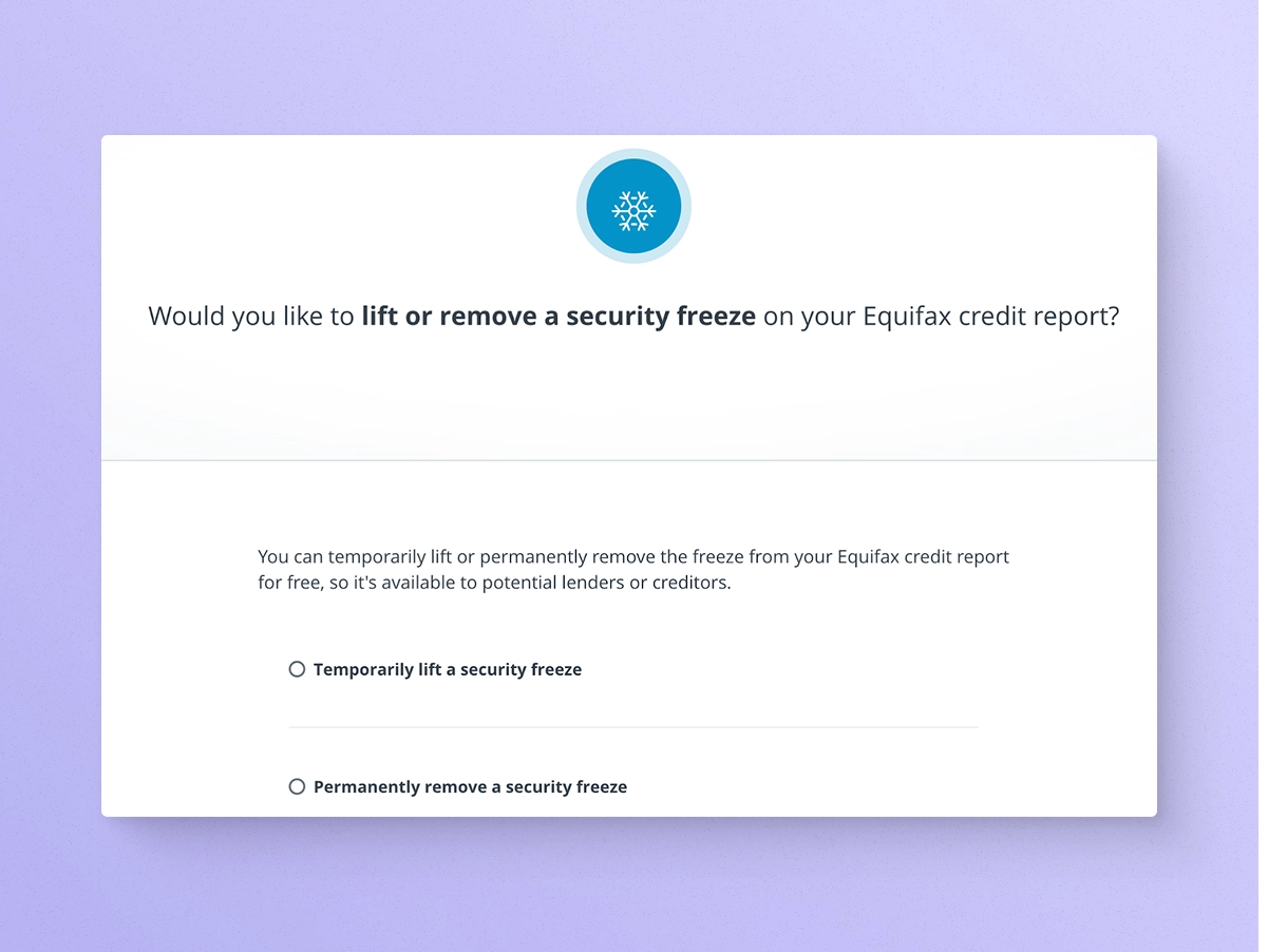 Equifax lift credit freeze screen