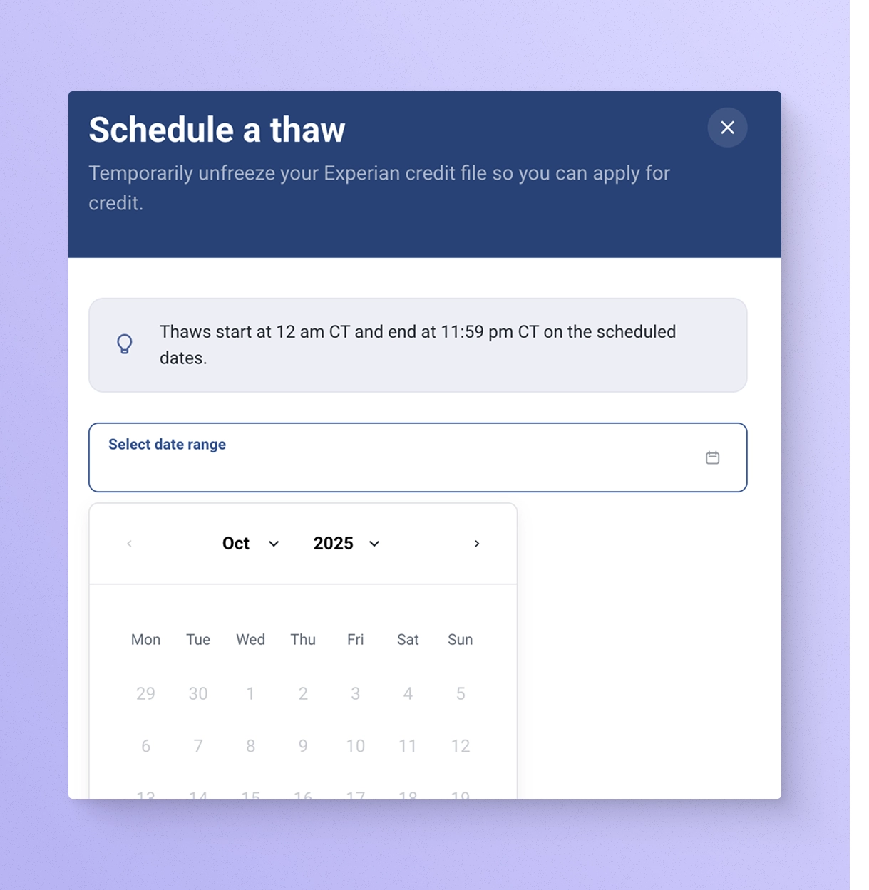 Experian credit freeze lifted screen