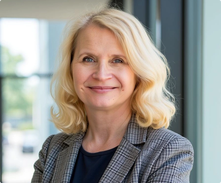 Professional headshot of a smiling woman with shoulder-length blonde hair wearing a gray plaid blazer