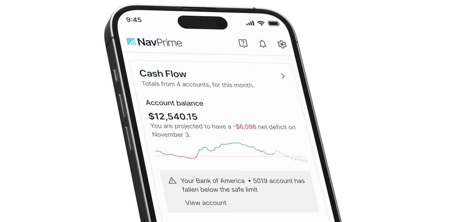 Mobile phone screen displaying the NavPrime app with cash flow details, account balance of $12,540.15, and a warning about a projected deficit and low balance alert