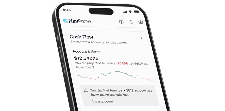 Mobile phone screen displaying the NavPrime app with cash flow details, account balance of $12,540.15, and a warning about a projected deficit and low balance alert