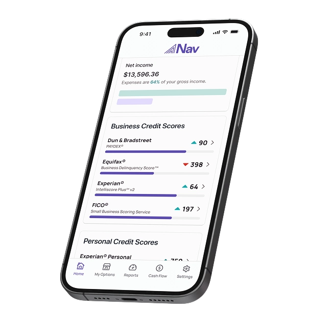 Mobile phone screen displaying the Nav app home page with net income, expense ratio, business and personal credit scores from Dun & Bradstreet, Equifax, Experian, and FICO