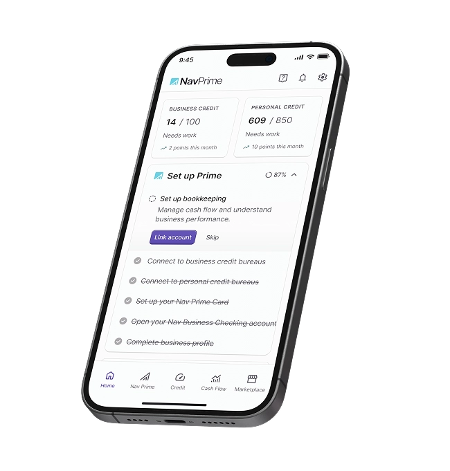 NavPrime mobile app mockup displaying business and personal credit scores with a progress checklist for setting up Prime features, shown on a tilted smartphone with bottom navigation icons visible