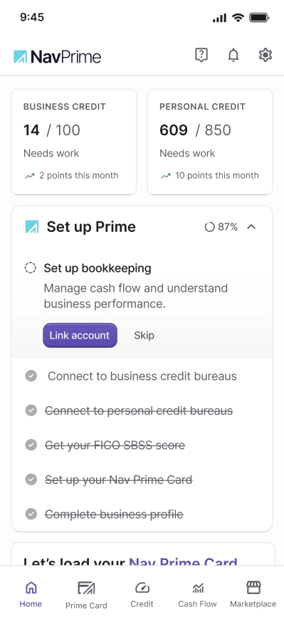 Nav Prime mobile app screen showing business credit score of 14 and personal credit score of 609 with a progress checklist for setting up Prime features