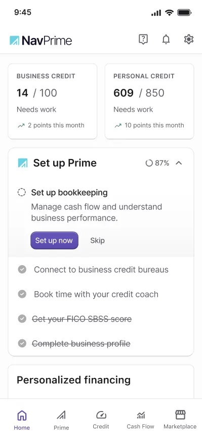 Nav Prime mobile app screen showing business credit score of 14 and personal credit score of 609 with a progress checklist for setting up Prime features