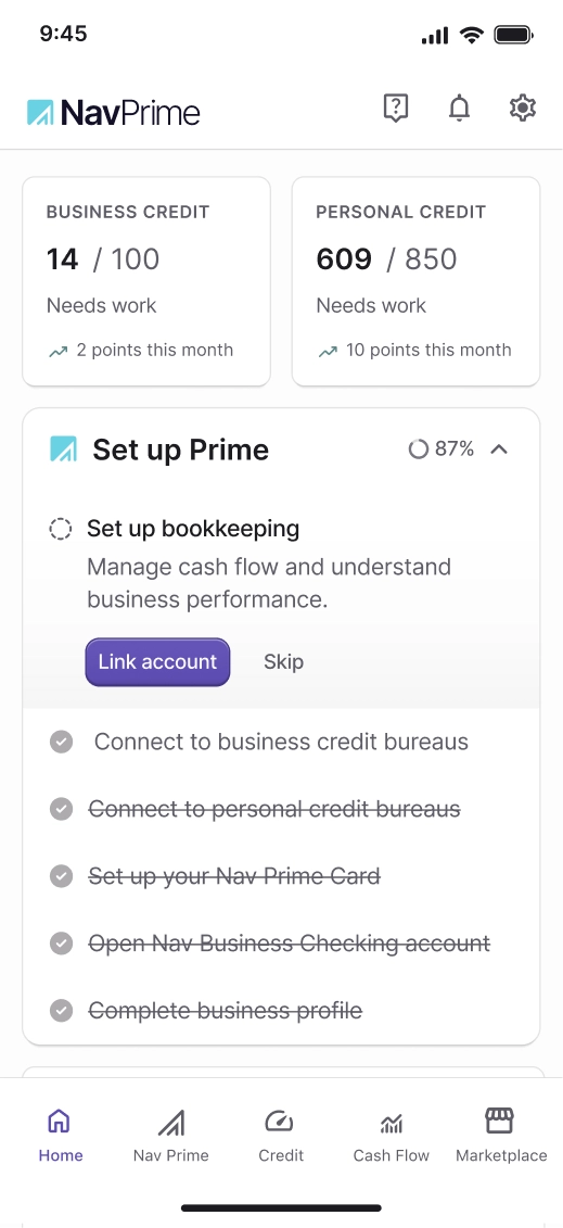 Nav Prime mobile app screen showing business credit score of 14 and personal credit score of 609 with a progress checklist for setting up Prime features
