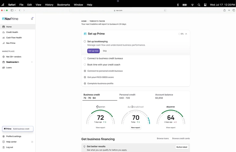 Nav Prime desktop dashboard showing setup checklist and business credit scores from Experian, Dun & Bradstreet, and Equifax, along with personal credit and account balance