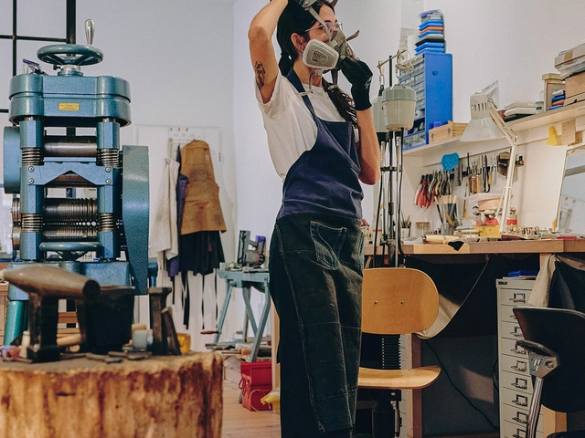 A woman in denim overalls attaches an industrial mask over her head
