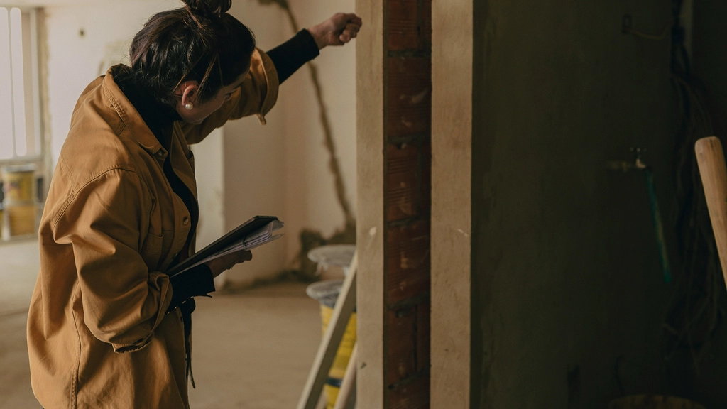 A woman measures a frame in a building