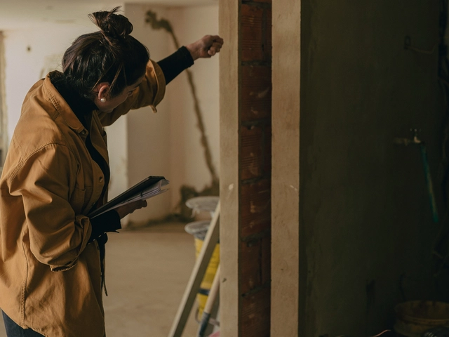 A woman measures a frame in a building