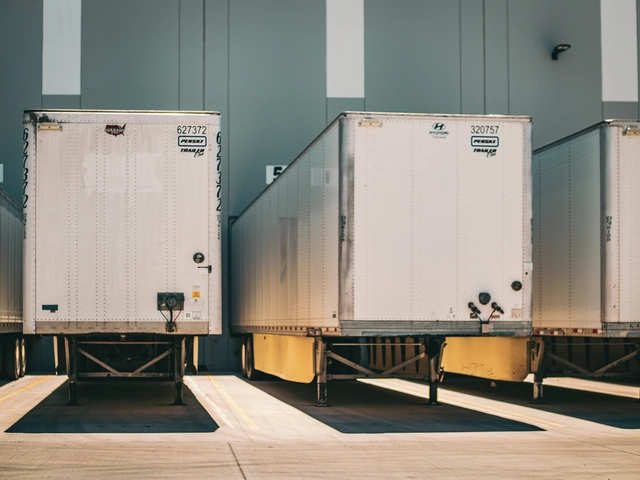 The back of two cargo trucks at a loading dock