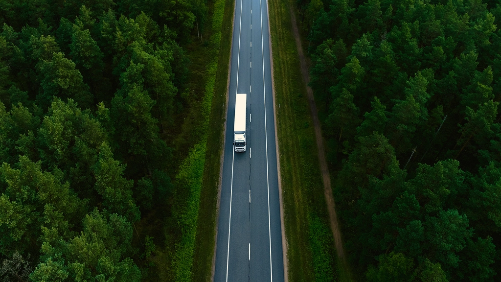 Overhead view of a truck on a long road surrounded by trees.