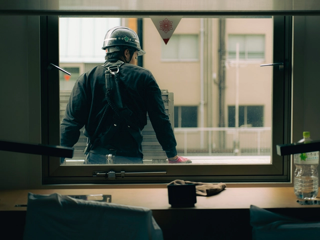 A man in a hard hat leans with his back against a window frame