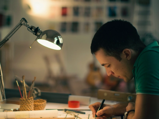 Man bent over a drafting table working with a desk lamp shining on his work