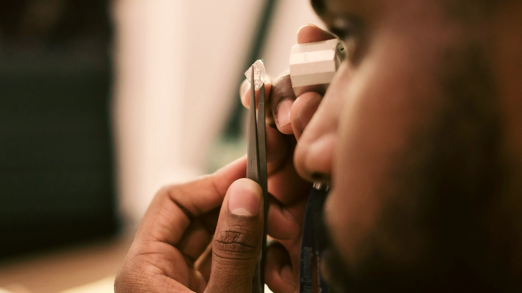 A jeweler inspects a gem through a jeweler's loupe