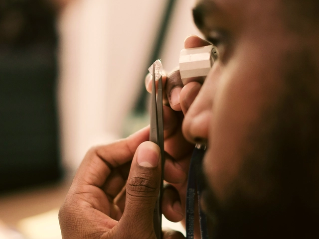 A jeweler inspects a gem through a jeweler's loupe