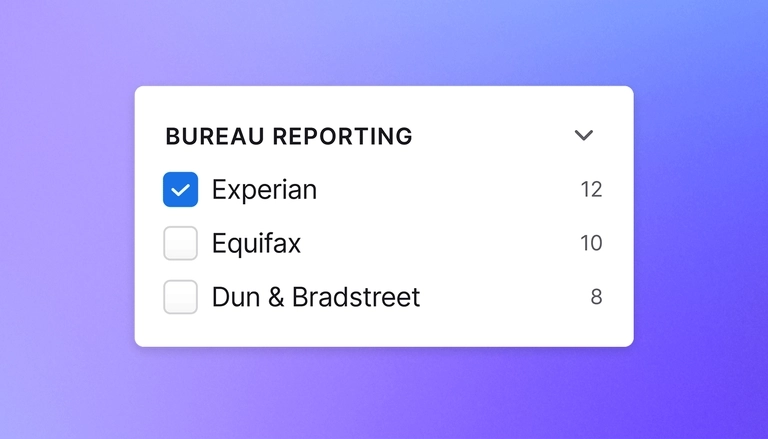 Filter showing the types of credit bureaus you can search for