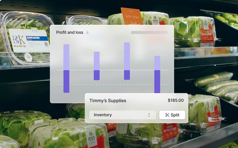 Profit and loss dashboard with inventory expense tracking displayed over a grocery produce section.