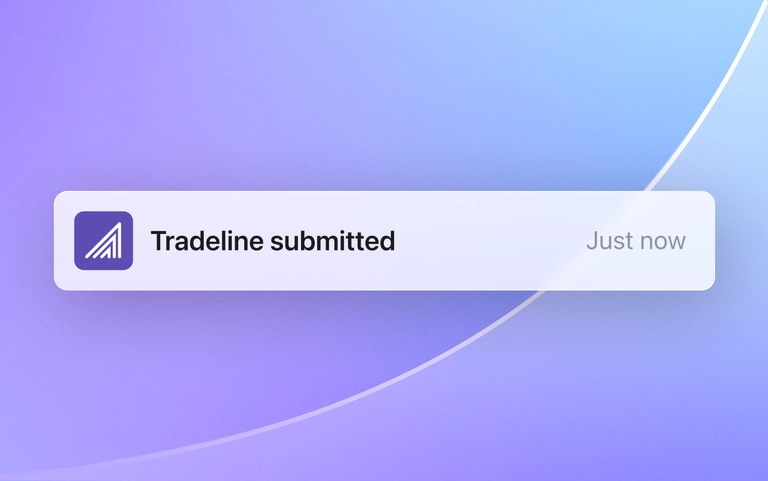 Notification showing 'Tradeline submitted' with Nav logo and timestamp labeled 'Just now'