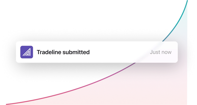 Notification showing 'Tradeline submitted' with Nav logo and timestamp labeled 'Just now'