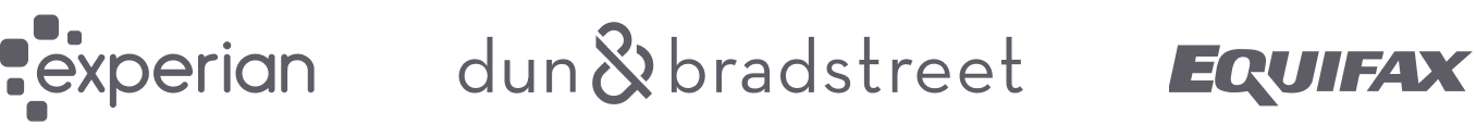 Experian, Dun & Bradstreet, and Equifax business credit bureau logos displayed in gray on a white background.
