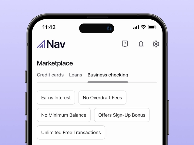 Nav mobile app screen showing the Business Checking tab in the Marketplace with filter options like Earns Interest, No Overdraft Fees, No Minimum Balance, and Unlimited Free Transactions