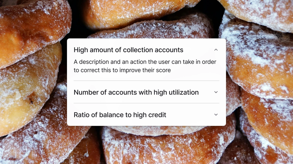 Credit monitoring interface overlay displaying credit impact factors such as high amount of collection accounts, number of accounts with high utilization, and ratio of balance to high credit, set against a background of powdered donuts