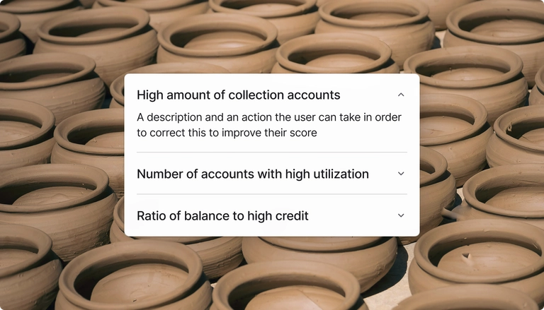 Credit monitoring interface overlay displaying credit impact factors such as high amount of collection accounts, number of accounts with high utilization, and ratio of balance to high credit, overlayed on a row of pottery pots