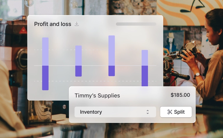 Coffee shop scene with profit and loss chart and inventory expense entry overlay.