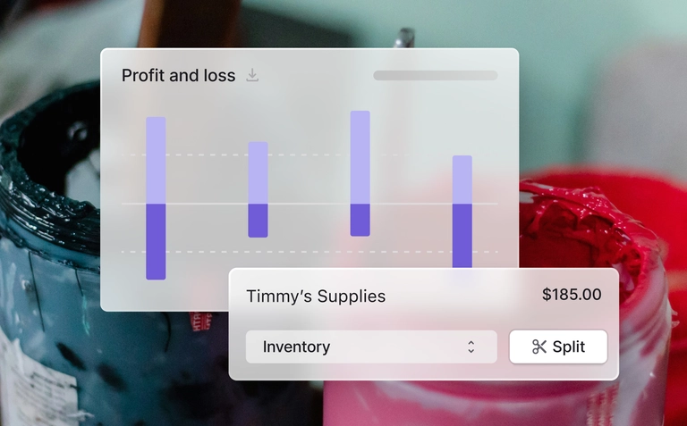 Profit and loss dashboard with bar chart and an expense entry categorized as inventory.