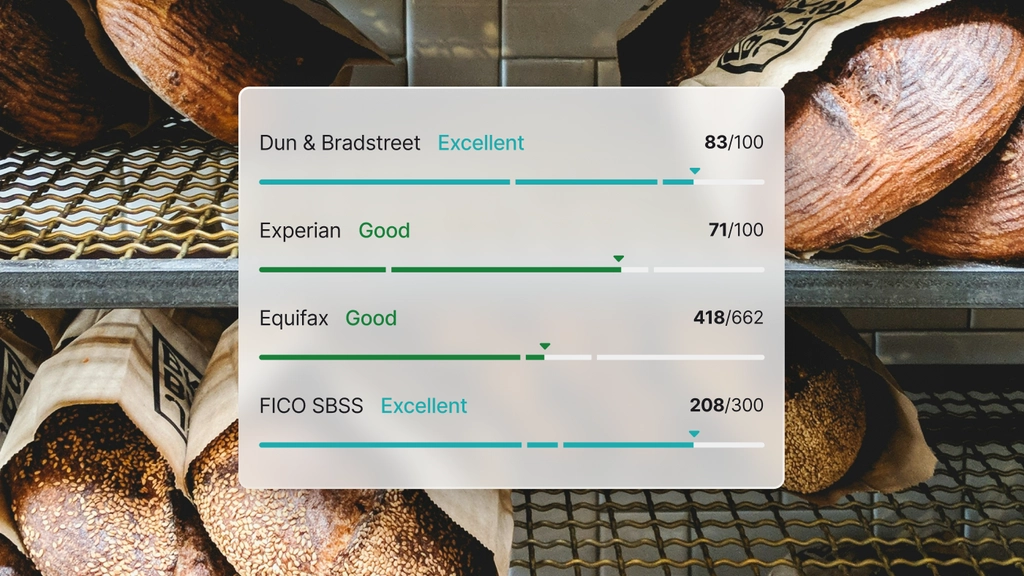 Business credit score comparison showing Dun & Bradstreet, Experian, Equifax, and FICO SBSS ratings as Excellent or Good on bakery goods background image