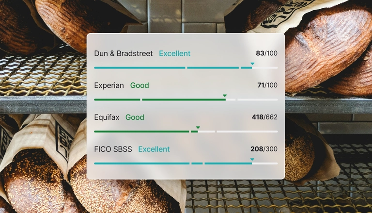 Business credit score comparison showing Dun & Bradstreet, Experian, Equifax, and FICO SBSS ratings as Excellent or Good on bakery goods background image