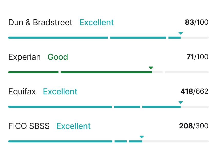Credit score summary showing ratings from Dun & Bradstreet, Experian, Equifax, and FICO SBSS with performance bars and numerical scores