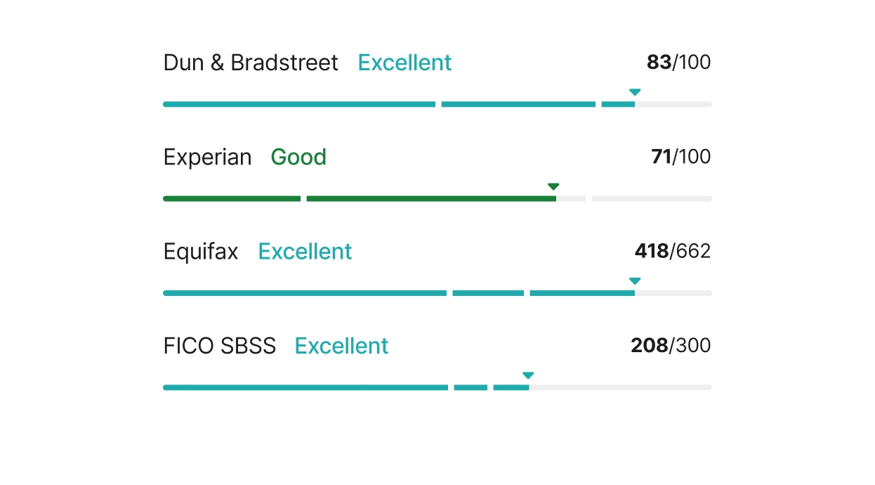 Credit score summary showing ratings from Dun & Bradstreet, Experian, Equifax, and FICO SBSS with performance bars and numerical scores
