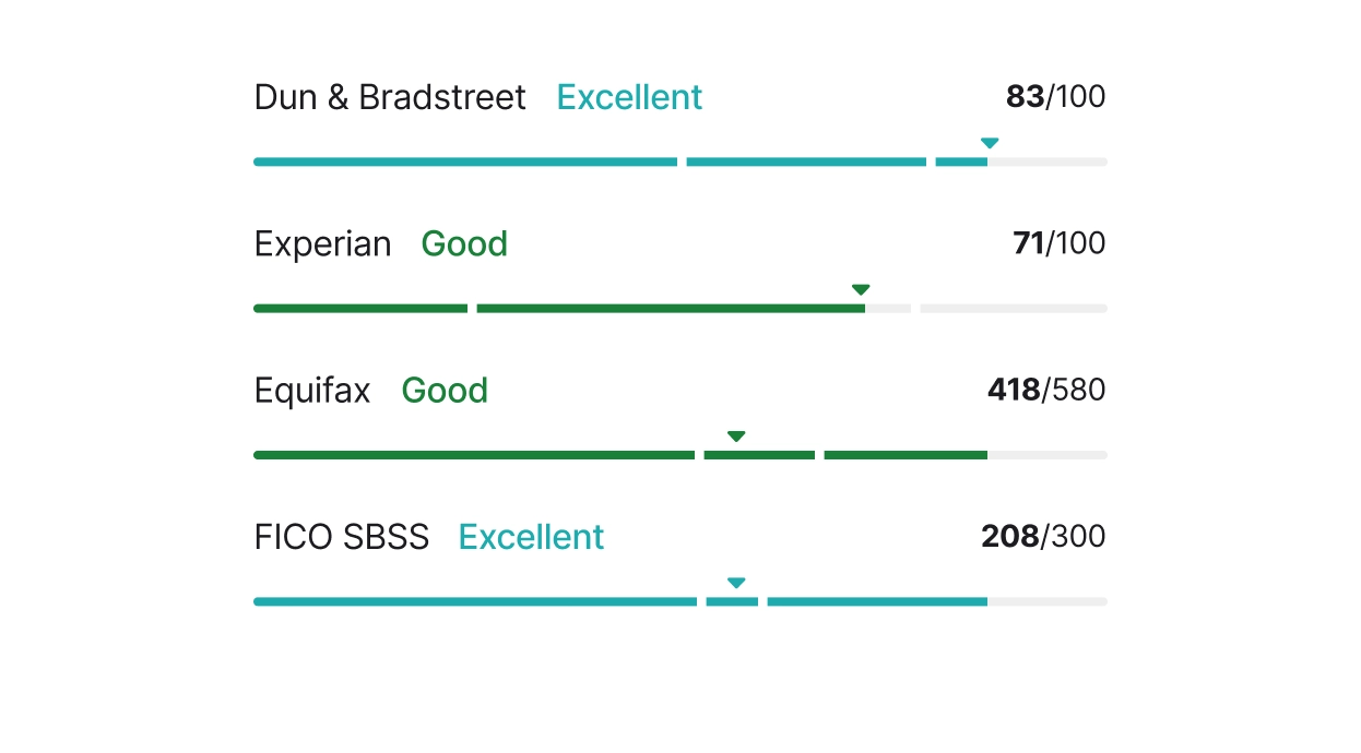 Credit score summary showing ratings from Dun & Bradstreet, Experian, Equifax, and FICO SBSS with performance bars and numerical scores
