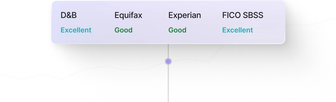Credit rating summary showing D&B and FICO SBSS as Excellent, Equifax and Experian as Good, displayed above a line graph of credit trends
