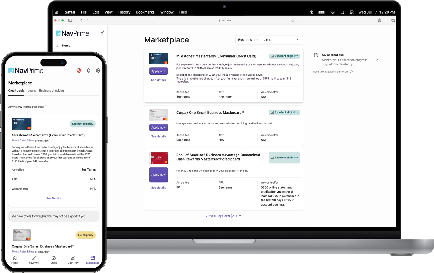 NavPrime Marketplace interface shown on both desktop and mobile screens, displaying a list of business credit card offers with application buttons, eligibility indicators, and card details