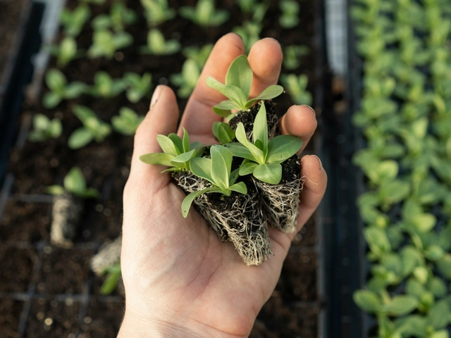 hand holding small sprouts in a garden