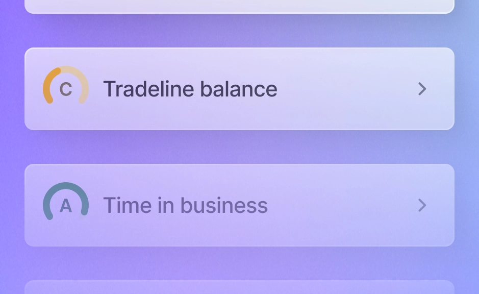 Nav UI showing funding readiness factors like Net cash flow, Tradeline balance, Time in business.