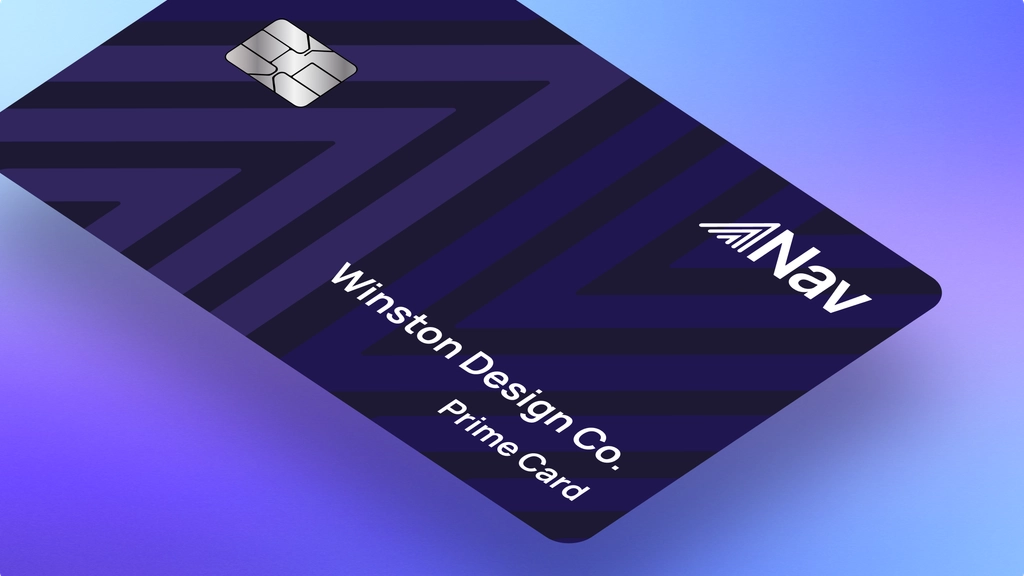 Nav Prime Card with Winston Design Co. branding, featuring a dark blue geometric pattern and chip, placed on a purple and blue gradient background