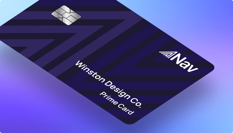 Nav Prime Card with Winston Design Co. branding, featuring a dark blue geometric pattern and chip, placed on a purple and blue gradient background
