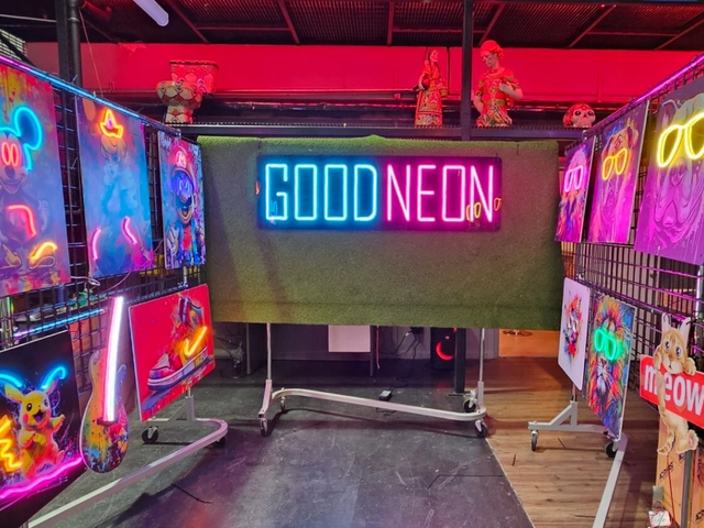 GoodNeon studio featuring colorful neon artwork, illuminated signs, and custom display pieces.