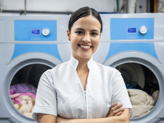 Woman in front of laundromat to illustrate article about how much it costs to run a laundromat business.