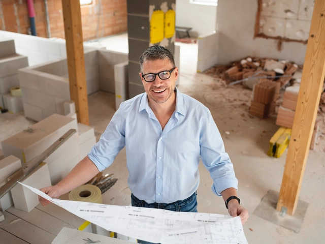 man with black glasses and blue shirt checking plans and construction progress on building site used to illustrate article about high risk business loans