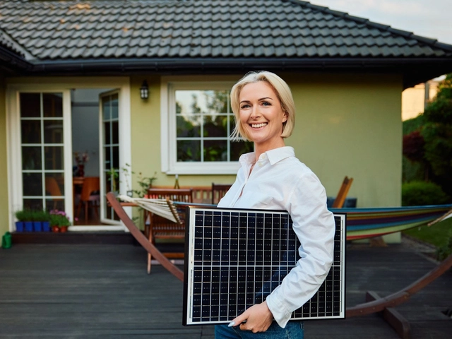 Smiling woman holding construction supplies in front of home to illustrate article about hard money loans and business credit.