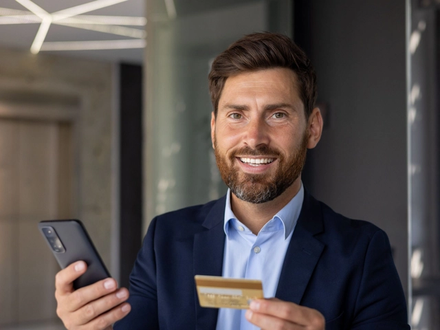Professional in suit smiling holding a credit card and cell phone to illustrate article about easiest business credit cards to get