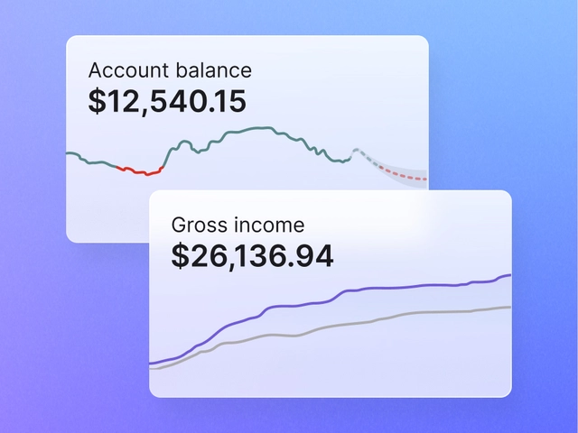 Nav website UI showing account balance and gross income cards with trend line graphs for small business cash flow monitoring.
