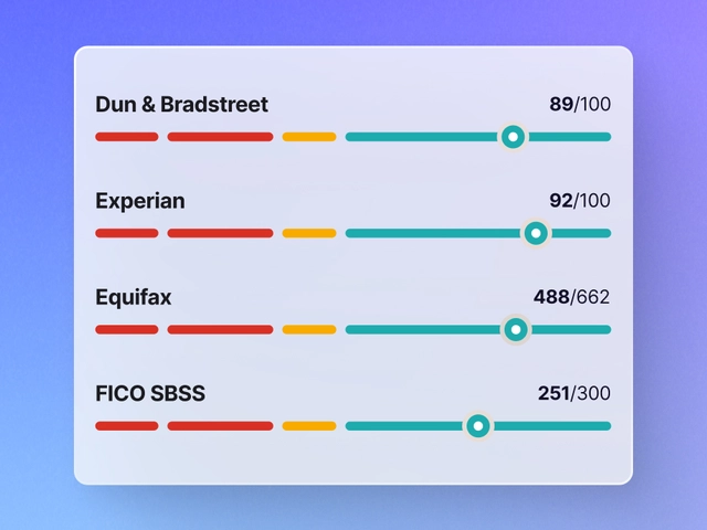 Nav website UI displaying business credit scores from Dun & Bradstreet, Experian, Equifax, and FICO SBSS on color-coded progress bars.