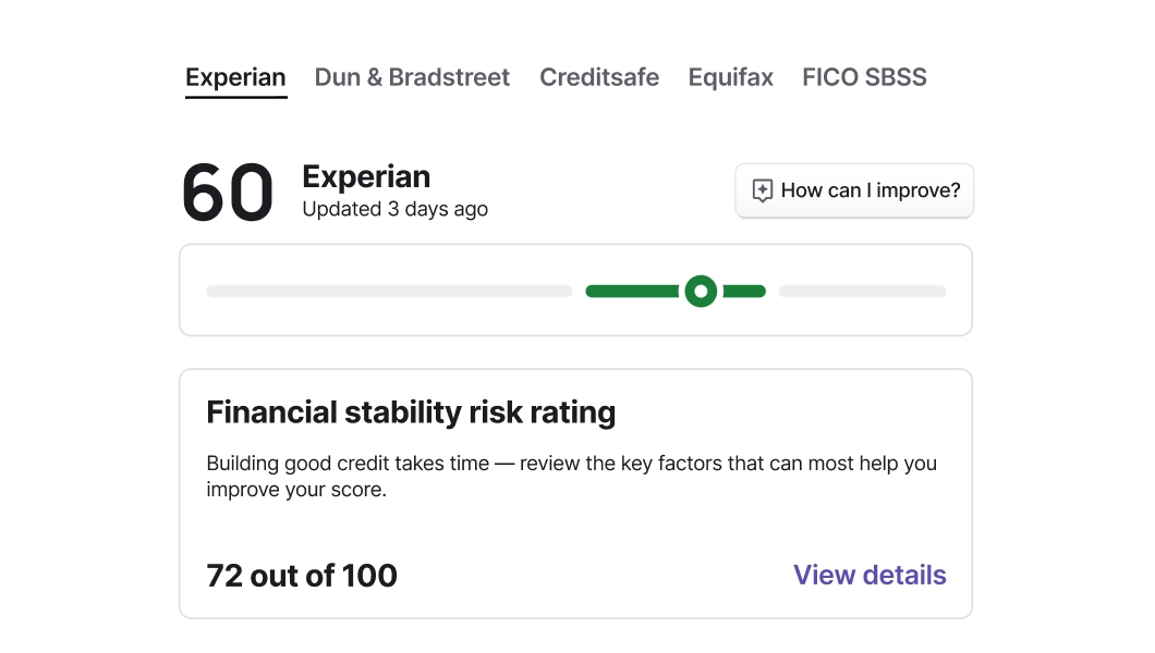 Simplified desktop UI mockup displaying Nav's detailed Experian business credit report, financial stability risk rating, and key credit impact factors.