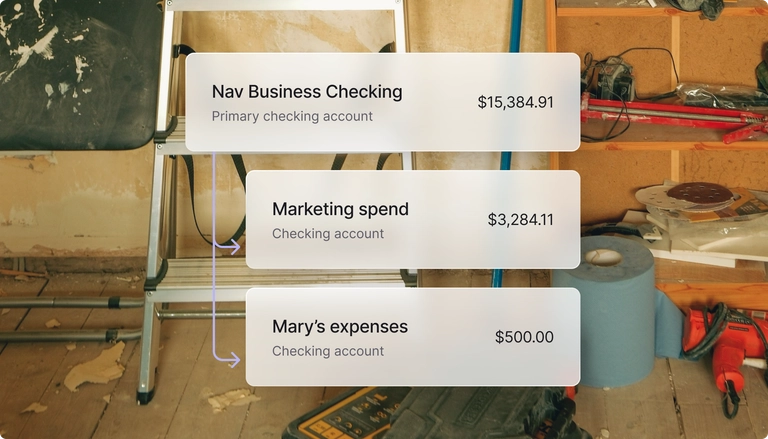 a construction background with an overlay showing business checking balance, marketing spend, and expenses details